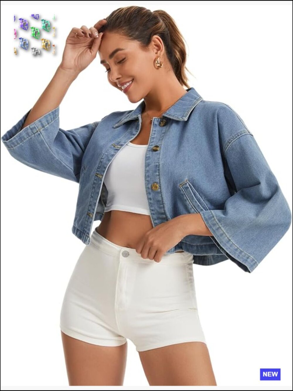 Denim Jacket with 3/4 Sleeve Casual Button Down Jean Shirt Oversized Loose Coat